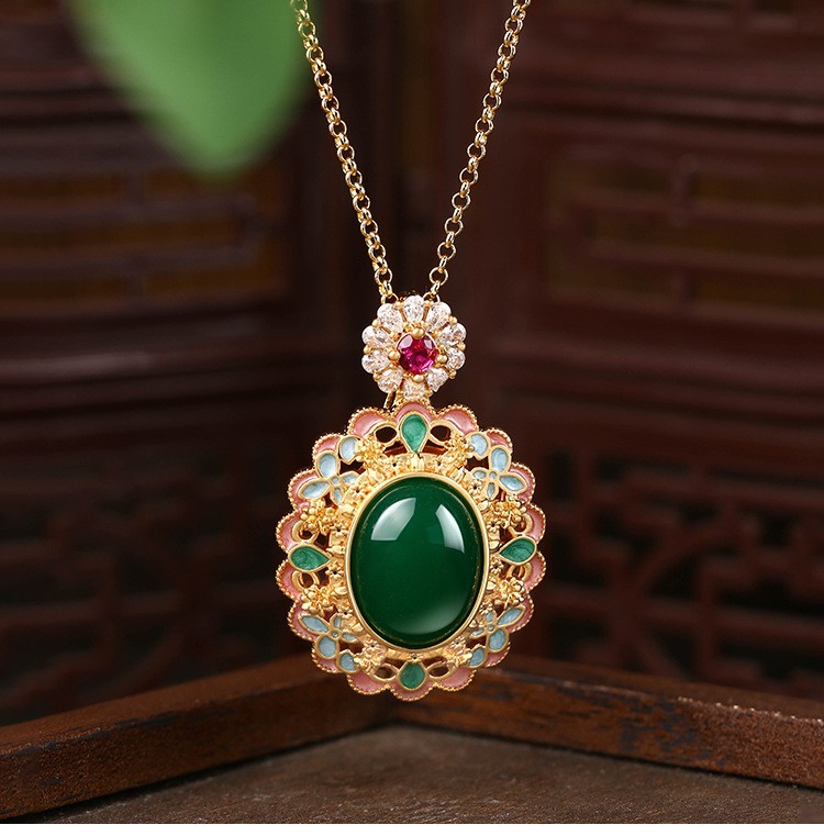 Jade Crystal Pendant Necklace Charm 18K Gold Plated Flower Retro Dainty Gemstone