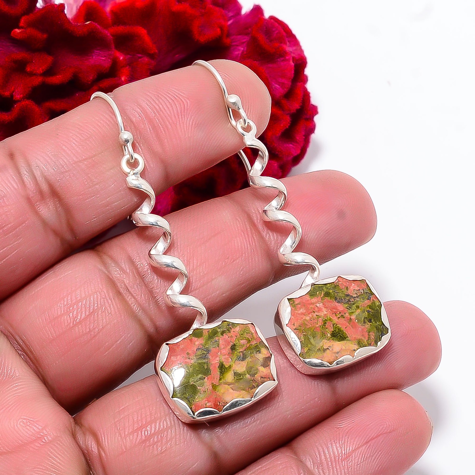 Natural Unakite Designer Handmade 925 Sterling Silver Earring 2.26″ E98510