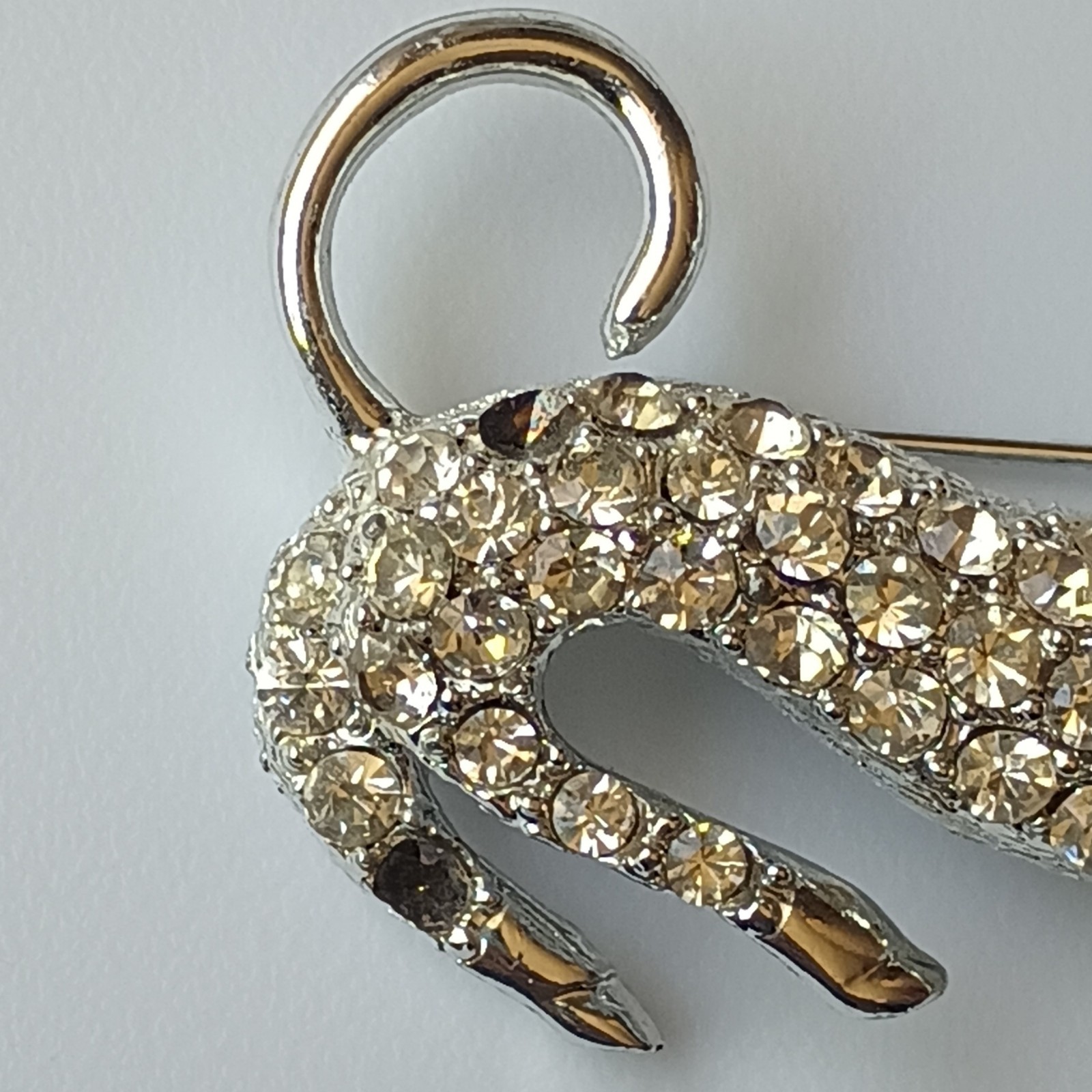 Vintage Cat Brooch Pin Silver & Gold Tone Clear Round Rhinestones Glass Eyes