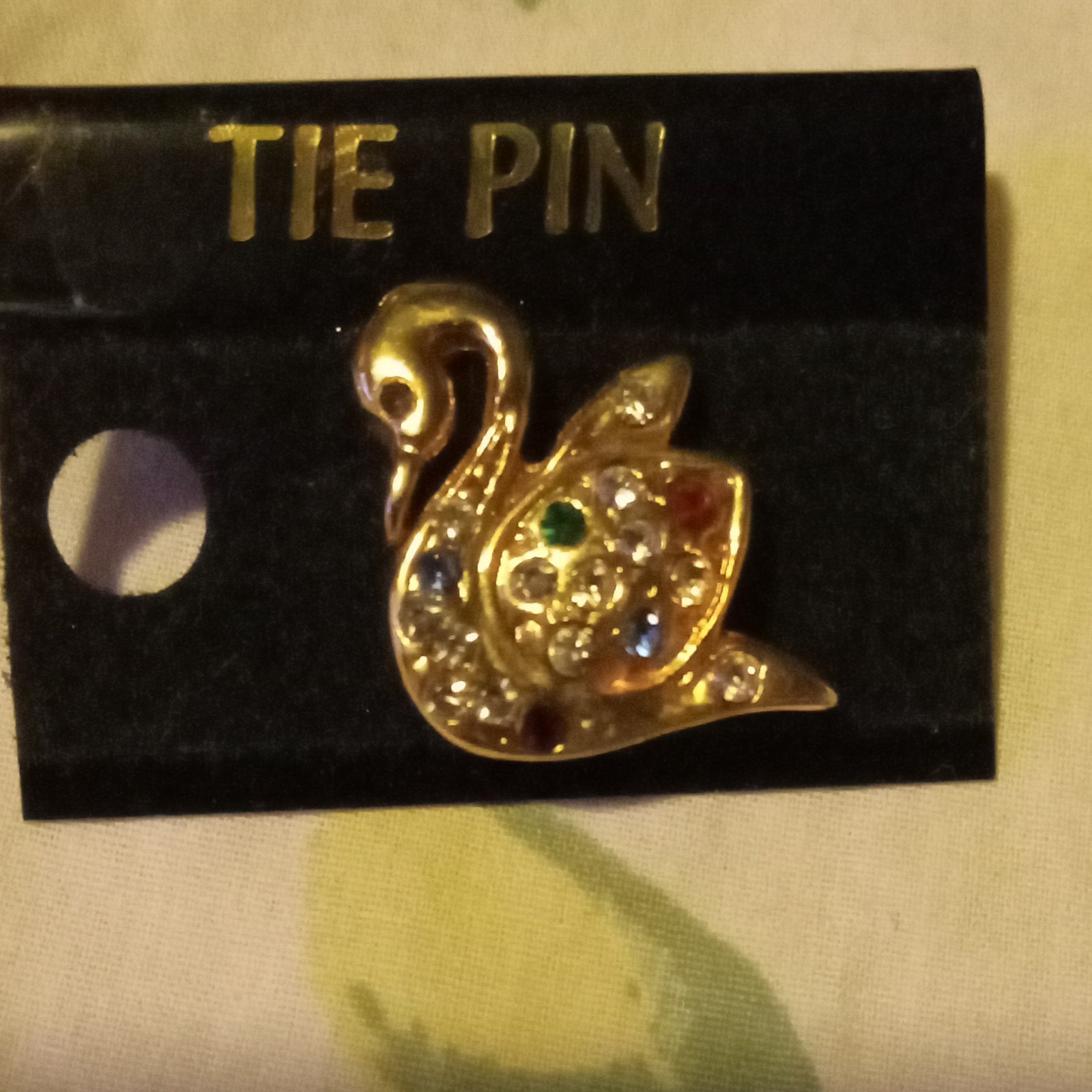 Gold Tone Metal Swan Tie Pin Multicolor Round Crystal Rhinestones