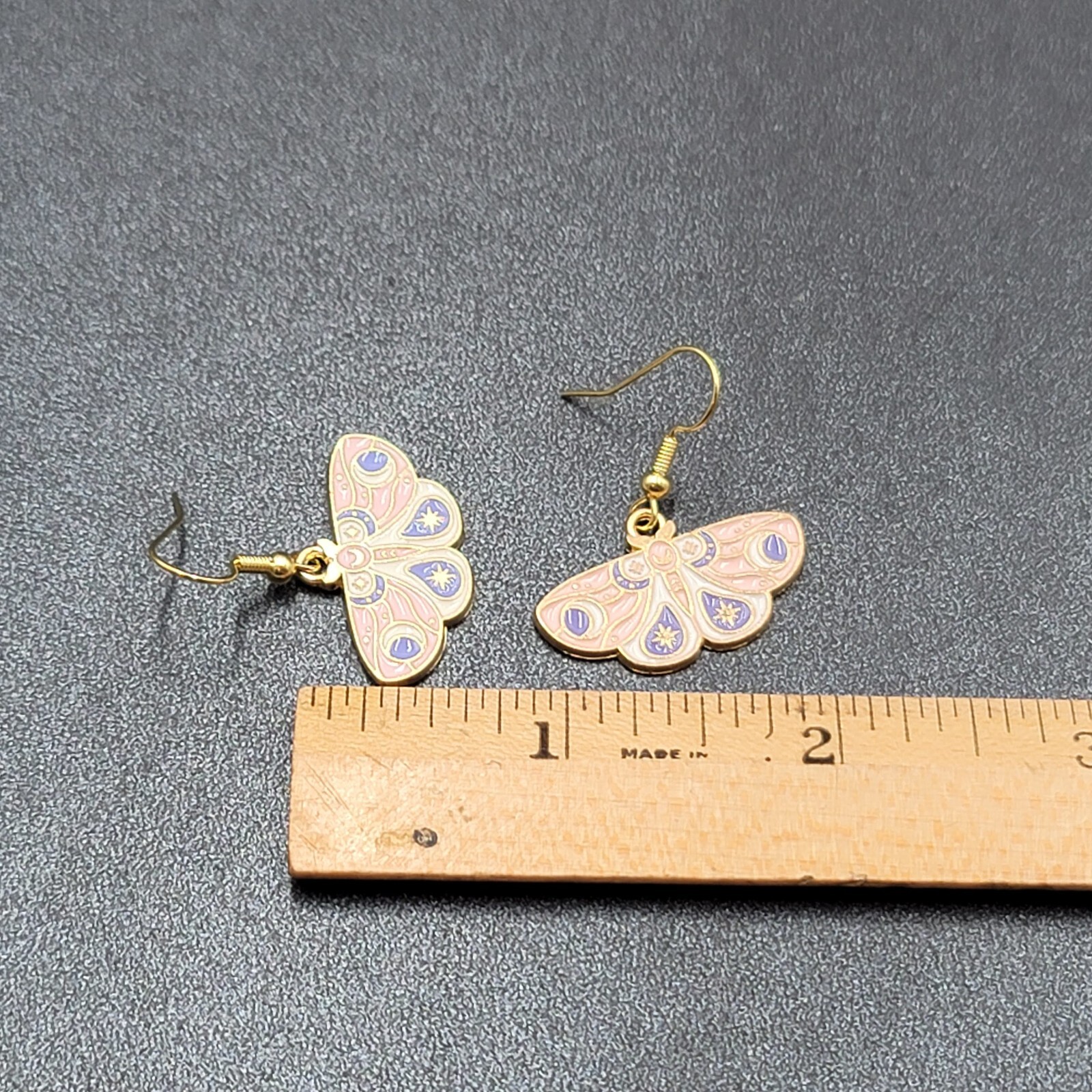 Moth Pierced Earrings Gold tone Pink Purple White Enamel Dangle 5/8″