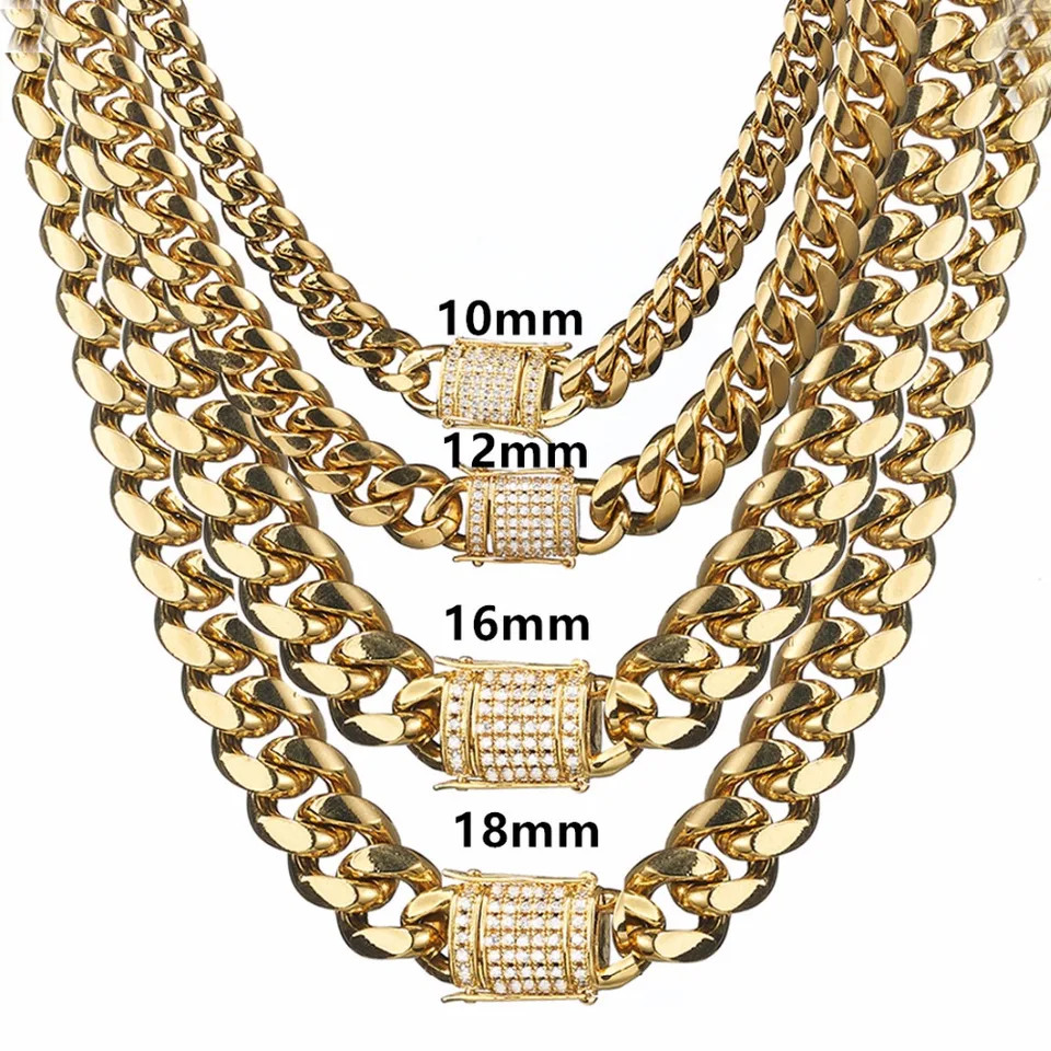 Stainless Steel Chain Necklace Miami Cuban Curb Link Gold Color Men Jewelry