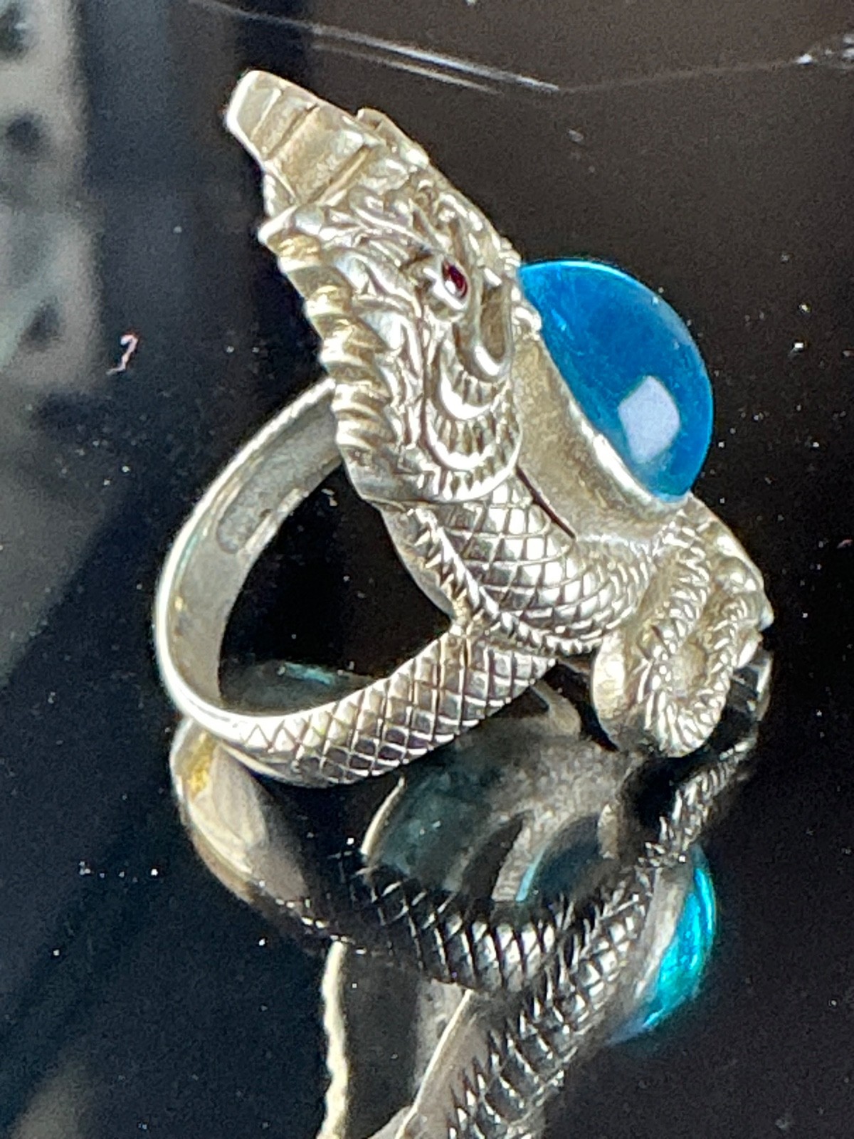 Vintage Blue Stone Twin Naga Unique Style Silver Ring Size 8