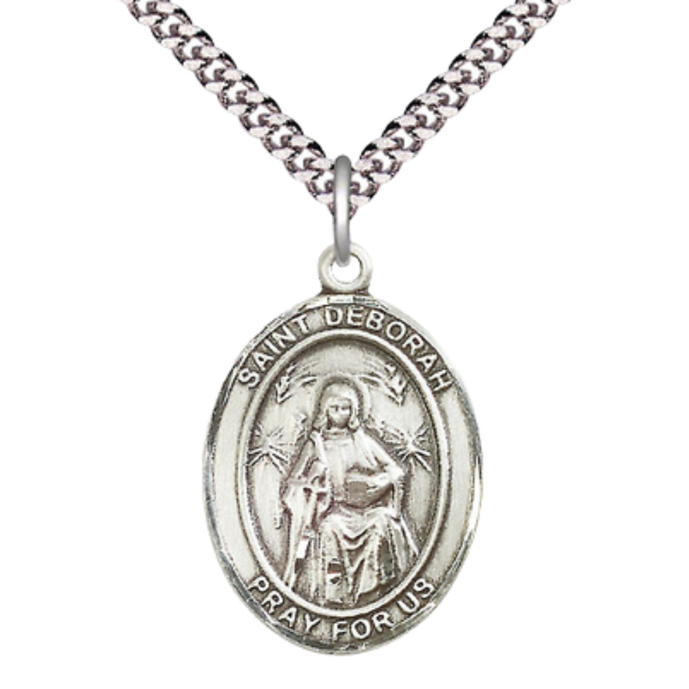 Large Pewter Saint Deborah Medal Pendant 24″ Lobster Claw Chain Necklace w/ Box