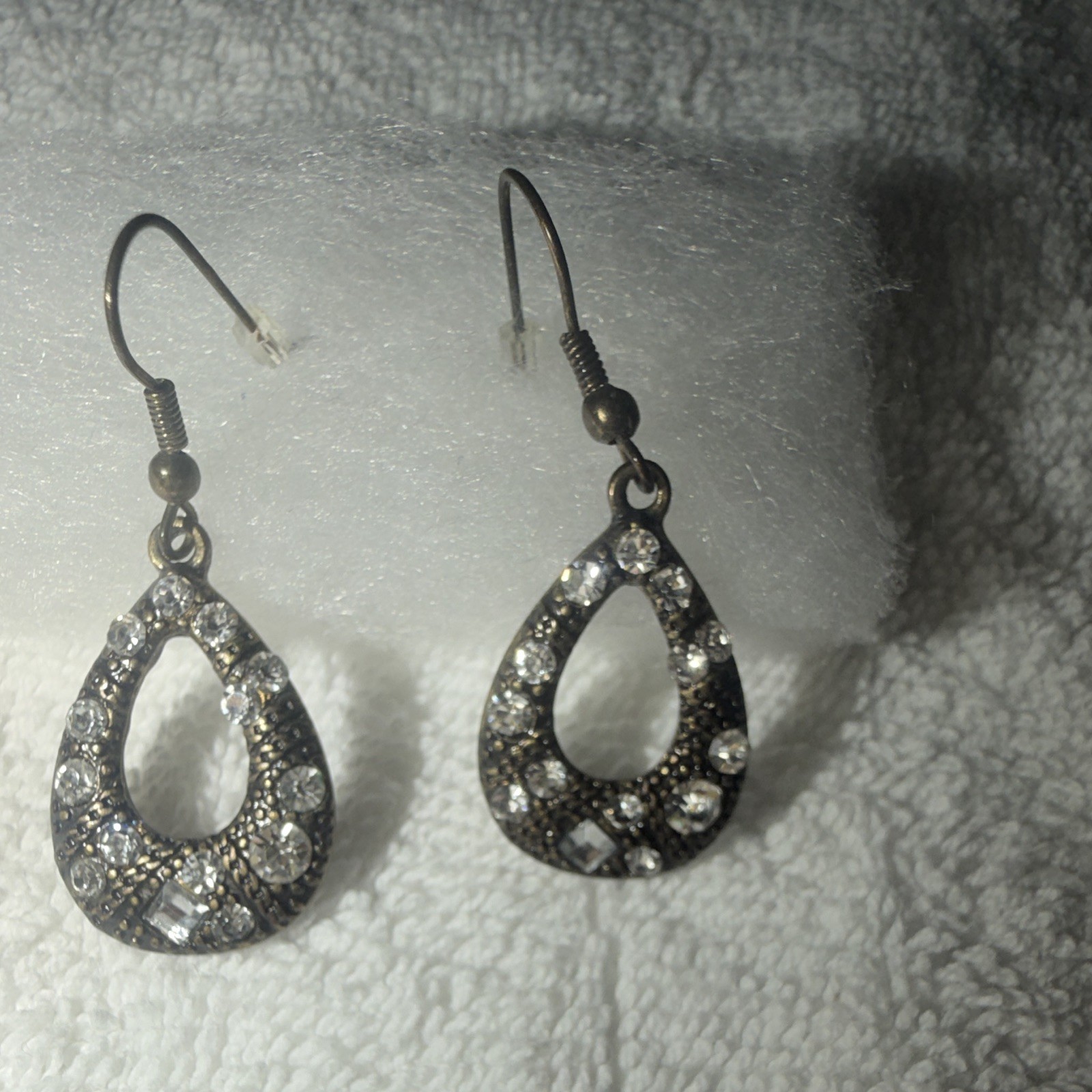 Black Teardrop Dangle/Drop Hook Earrings Silver Tone Clear Simulated Crystal