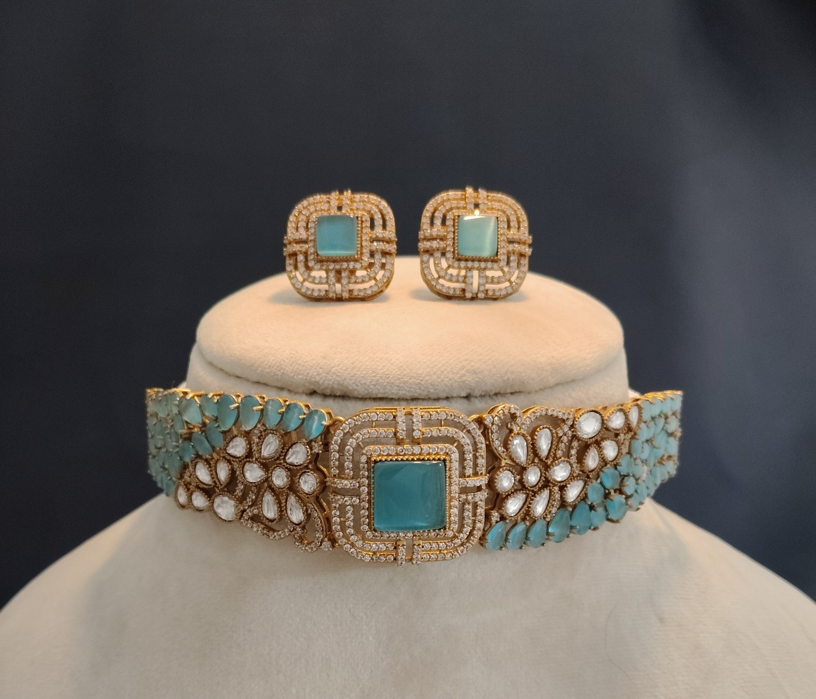 Nida Modest Aqua Blue Contemporary Kundan Choker Set with Earrings Roz Jewellers