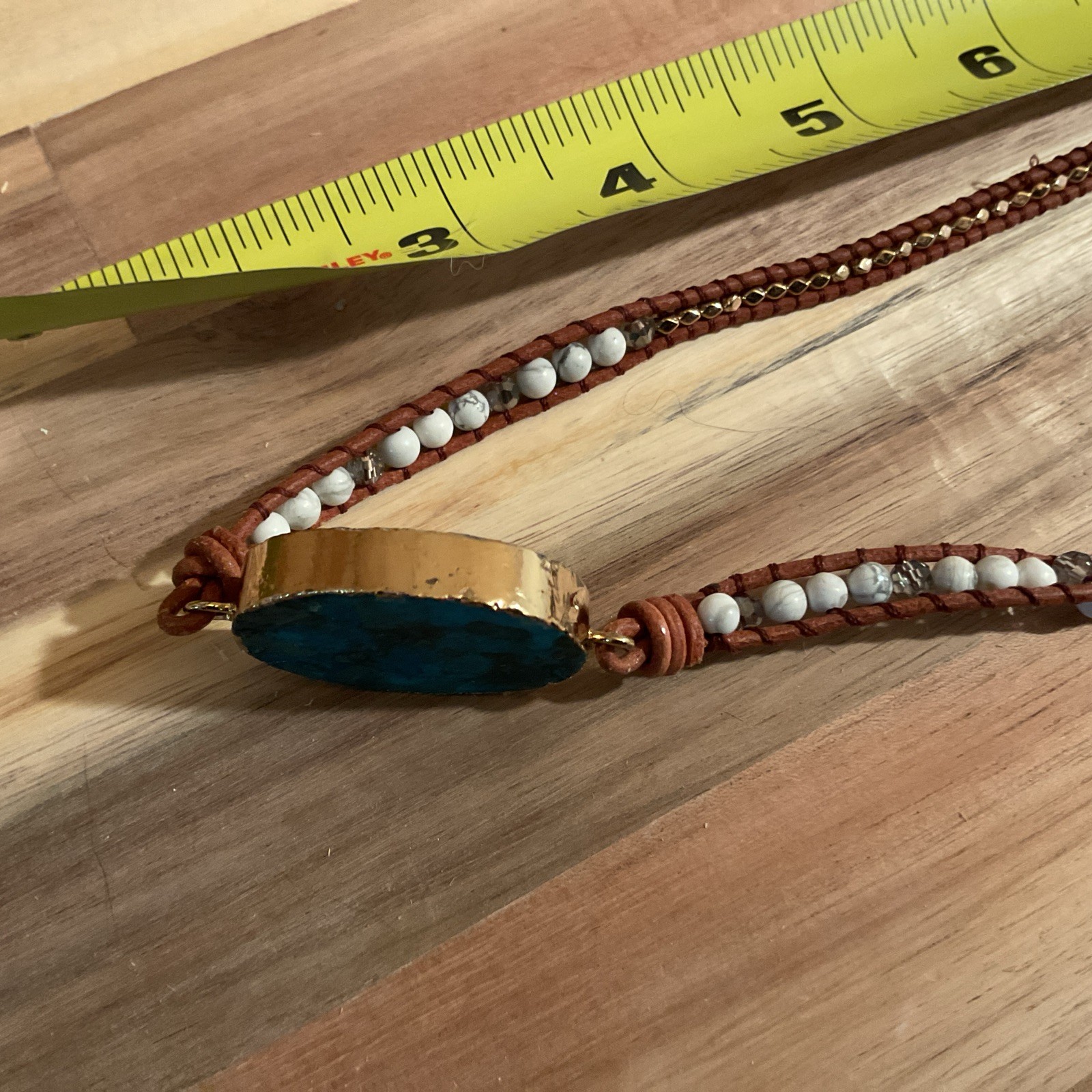 Blue Turquoise Color Stone Gold Edges Leather Beaded Necklace 17 Inches Long