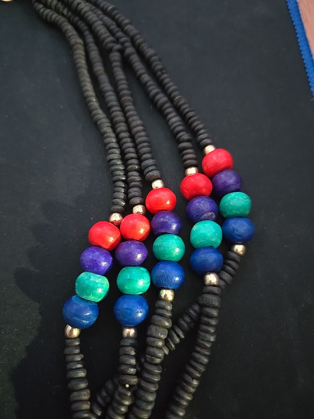 Beautiful Multicolor Tribal Beaded Necklace With Gold Tone Hook- Red Blue Green