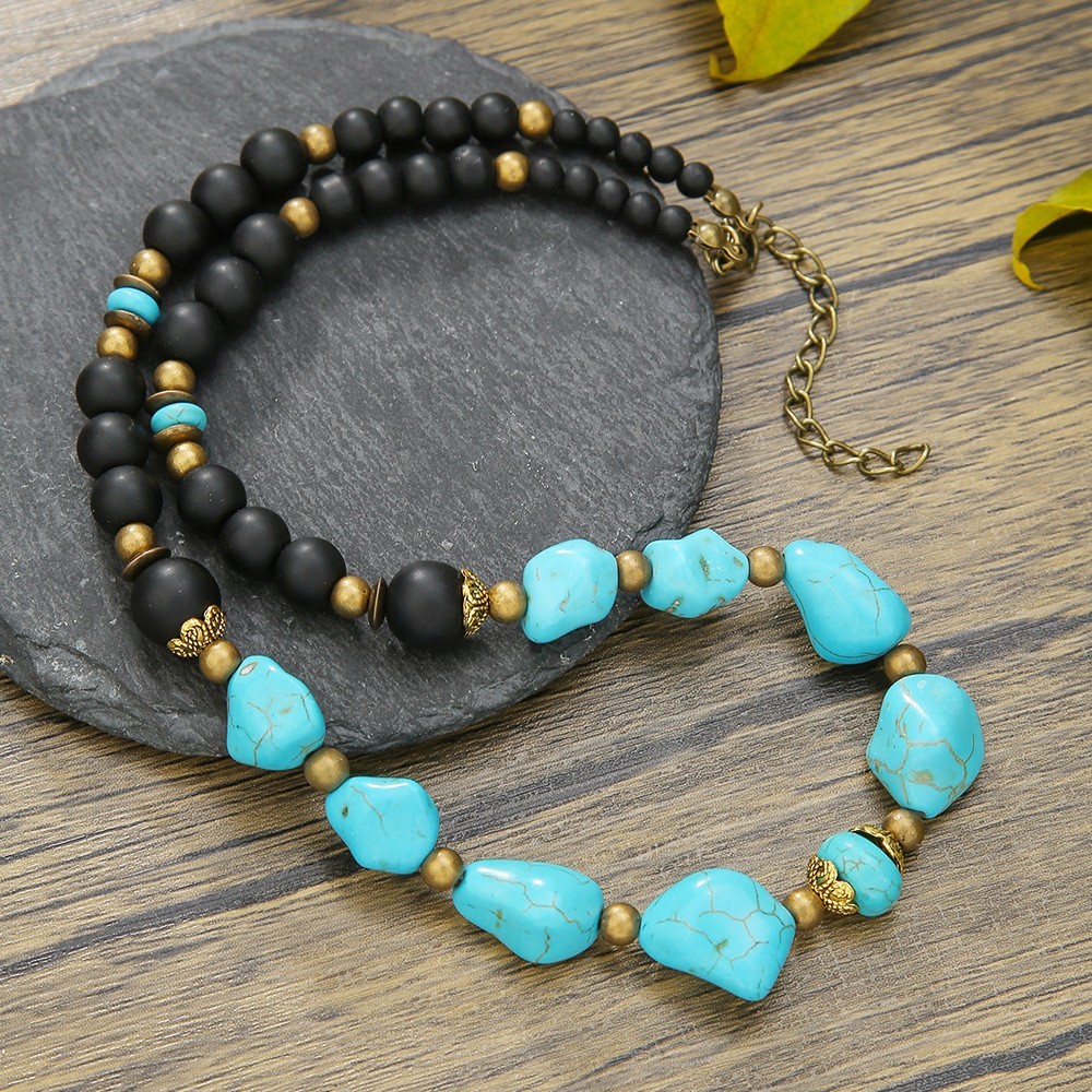 Dainty Blue Turquoise Choker Irregular Black Onyx Healing Men Gemstone Necklace