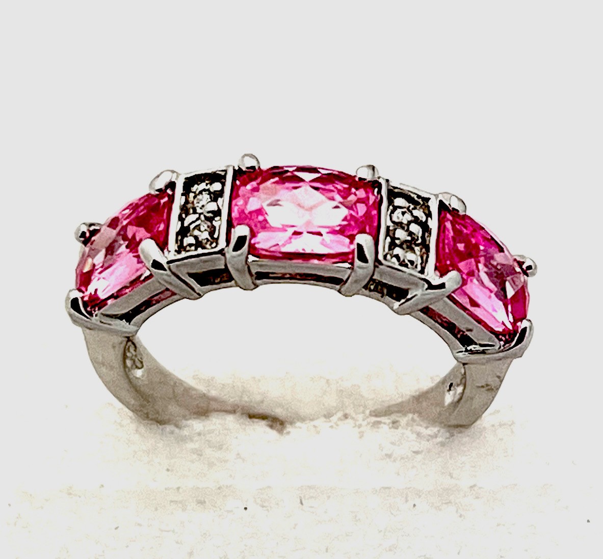 Sterling Silver 925 4.5 Gram Prong Set 3 Pink Oval 4 Clear CZ Ring Size 7