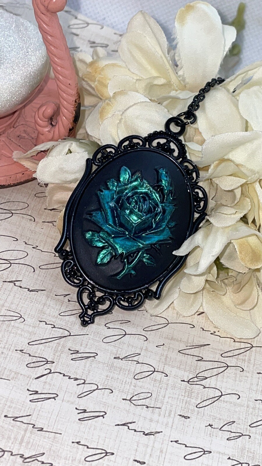 Teal Iridescent Rose Gothic CHRISTMAS Cameo Green Necklace Pendant Victorian
