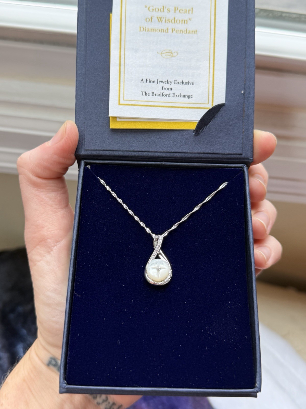 Bradford Exchange God’s Pearl of Wisdom Pearl & Diamond Silver Pendant Necklace