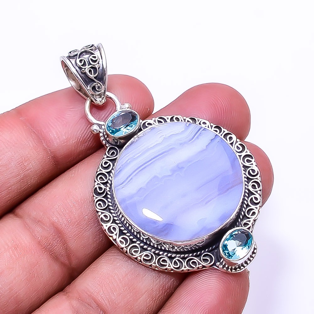 Blue Lace Agate -Namibia & Blue Topaz 925 Sterling Silver Pendant 2.15″ P62
