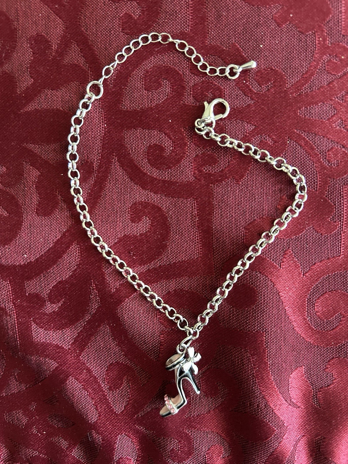 pink/black w/cz’s sexy high heel anklet on 9.5” adj silver tone chain new!