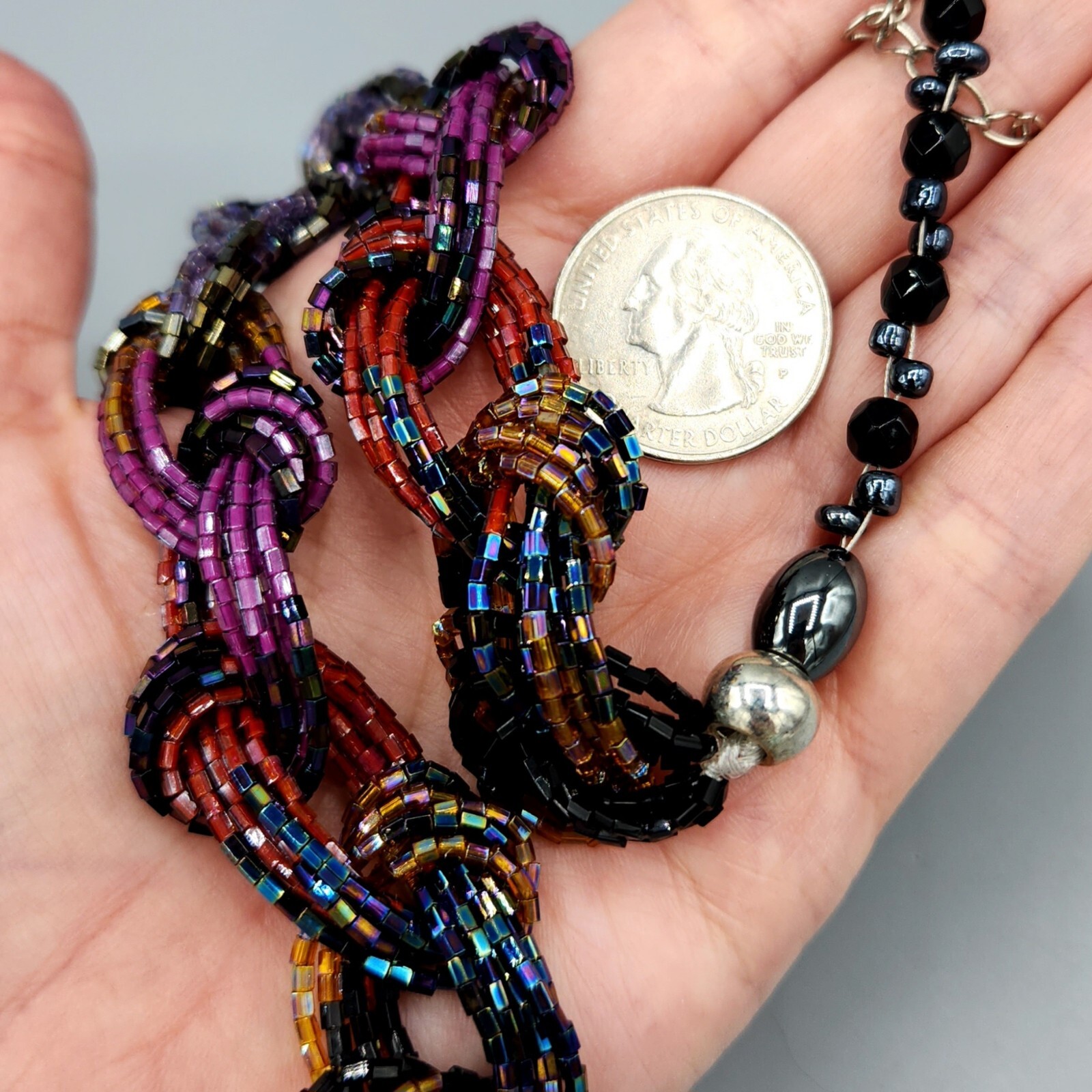 Artisan Multi Color Jewel Tone Fire Glazed Glass Bead Braided Necklace 19″