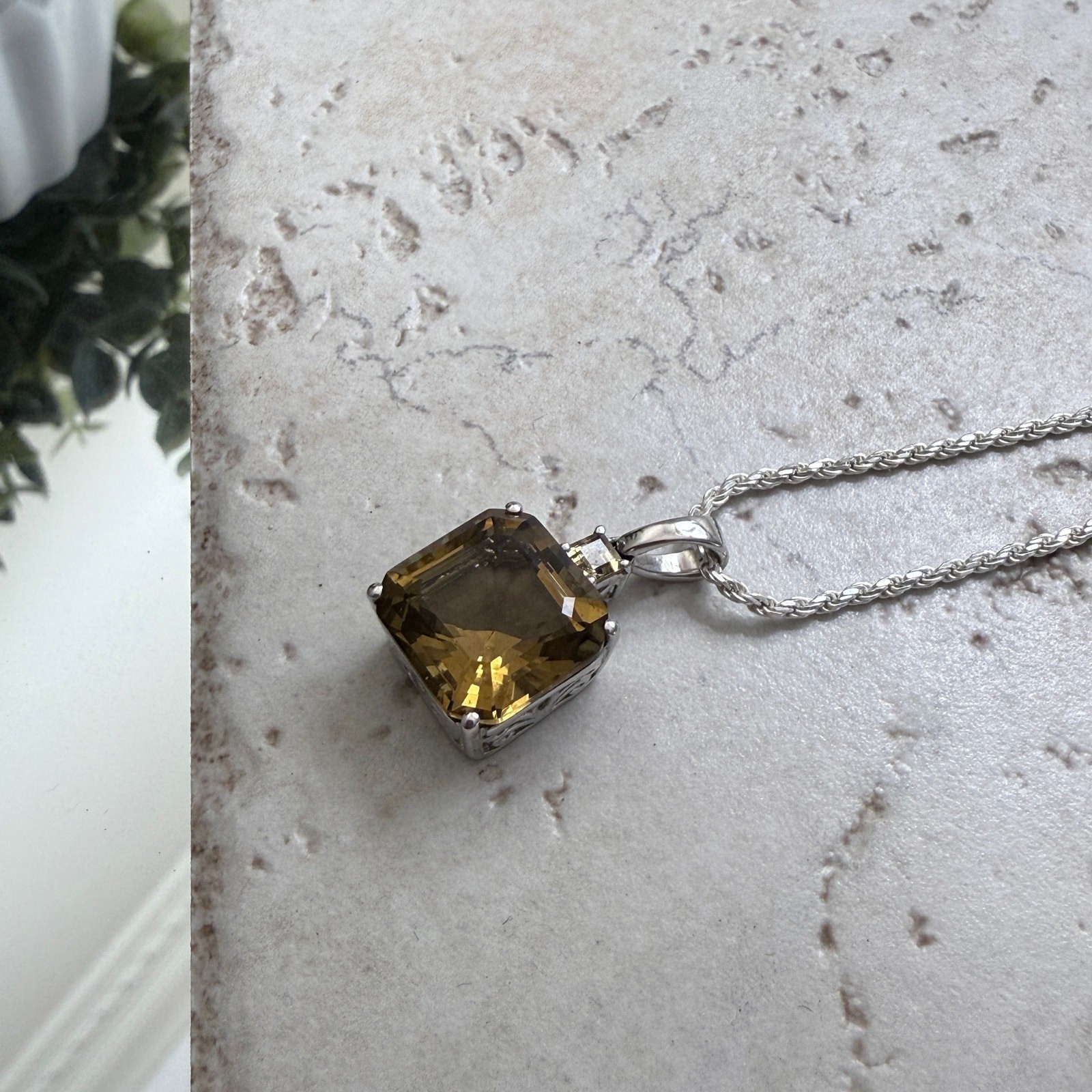 Champagne Quartz 6.71 ctw Square Pendant w/1.4mm Sterling Silver Rope Chain .925