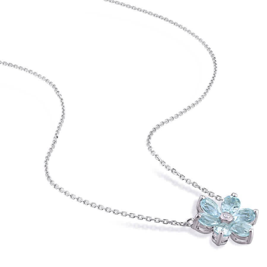 AMOUR 2 3/8 CT TGW Aquamarine and Diamond Accent Floral Pendant with Chain In