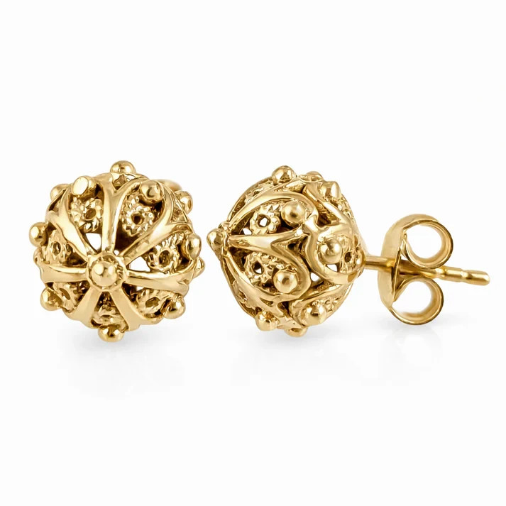 Filigree Sphere Stud Earrings with Floral Filigree Detail and Milgrain