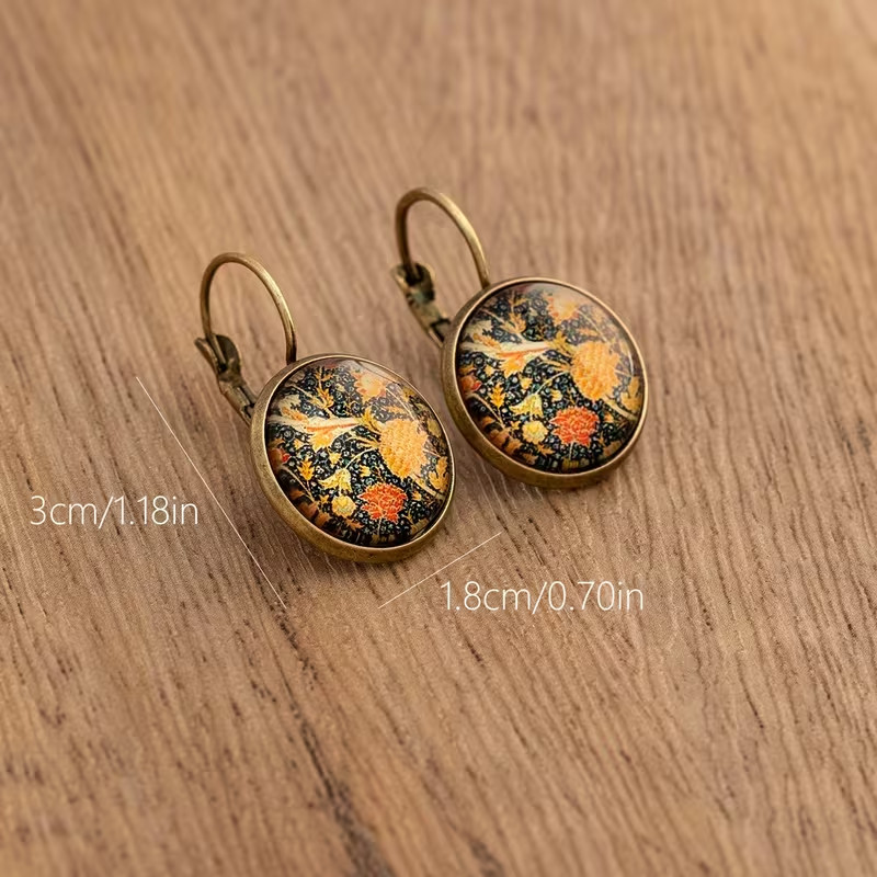 Vintage Ethnic Floral Print Round Dangle Earrings Copper Jewelry Exquisite Gift