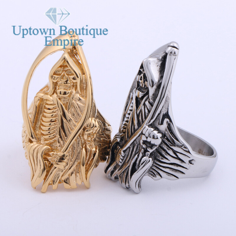 Biker Goth Death Skull Grim Reaper Men’s Stainless Steel Ring Size:8-13 #IE