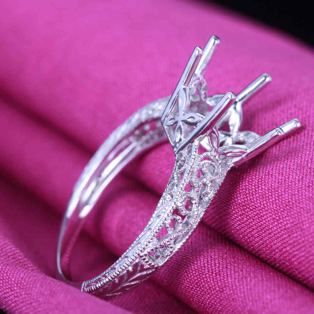 6-prong Setting Semi Mount Round Cut 10mm No-plated 925 Silver Fine Ring Wedding