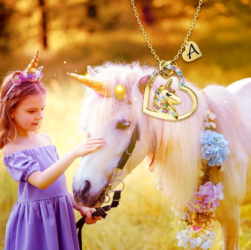 Unicorn Necklace Girls Gold CZ Heart Initial Gift Daughter Granddaughter