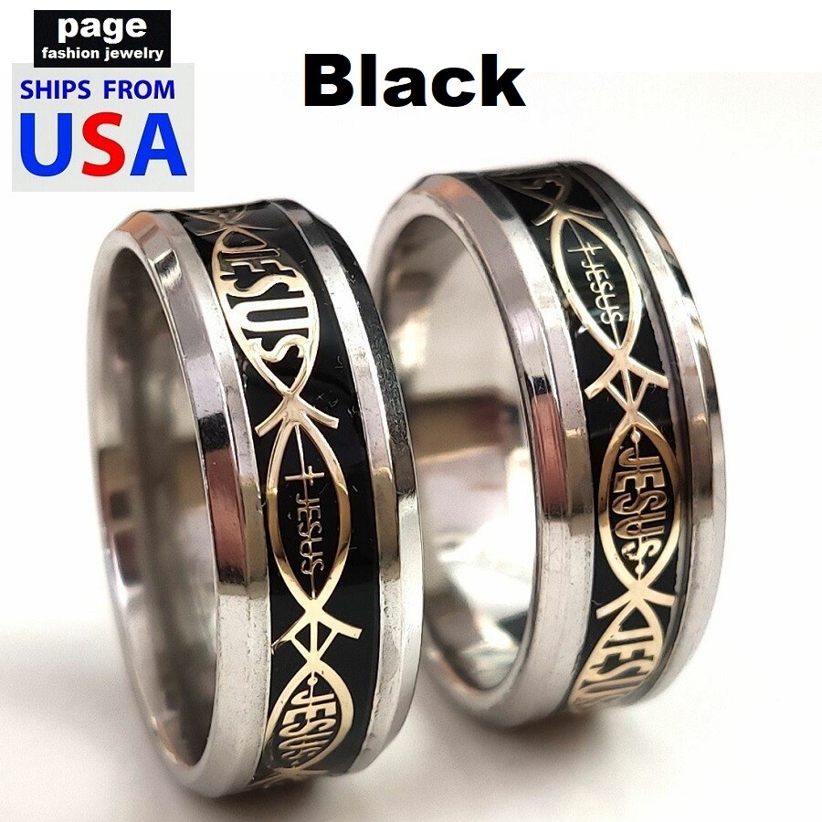 1pc Jesus Fish Christian Men/Women Stainless Steel 8mm Band Ring Size 7-11.5