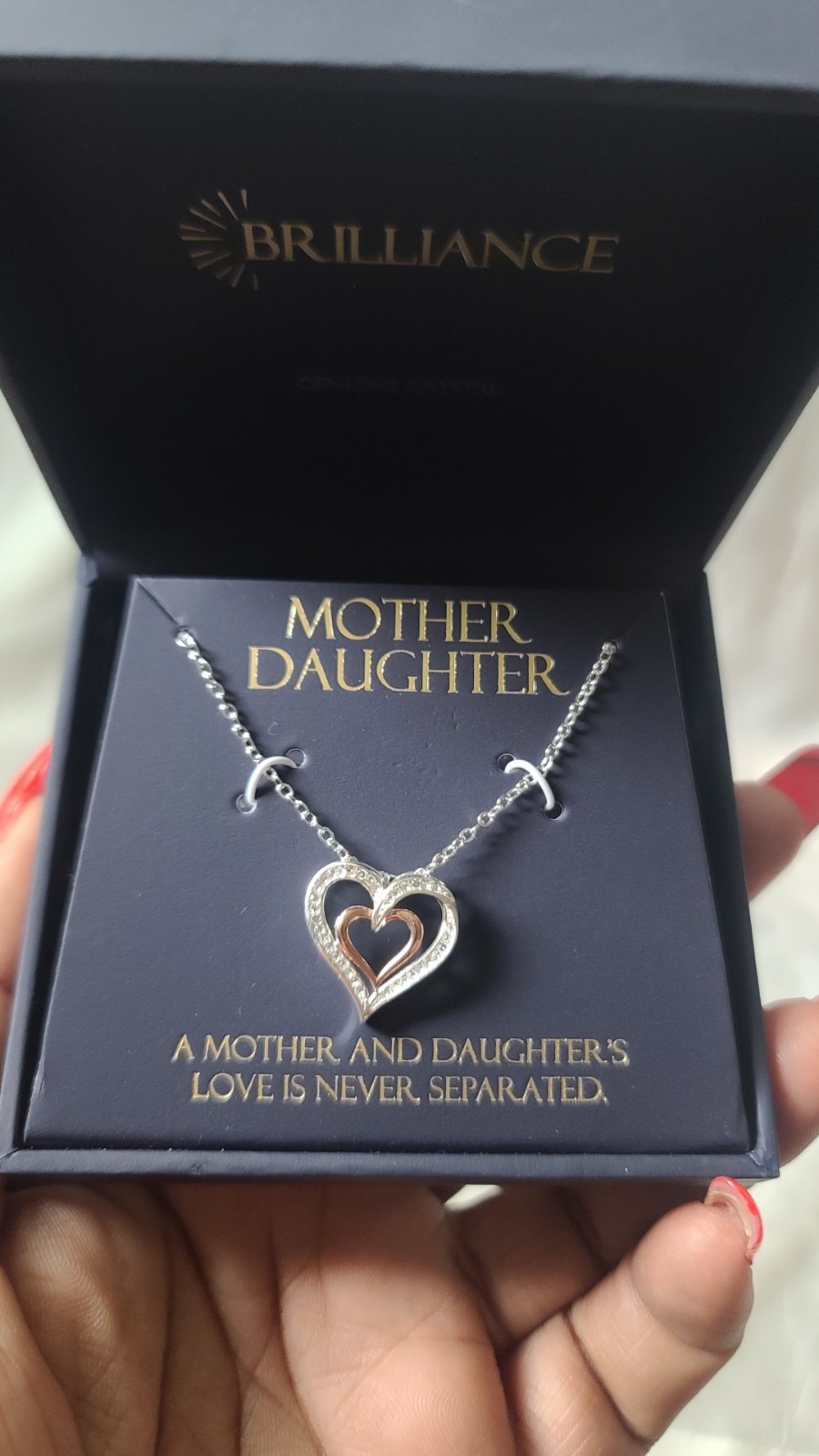 Brilliance Mother Daughter Heart Crystal Pendant Necklace, Silver Plated