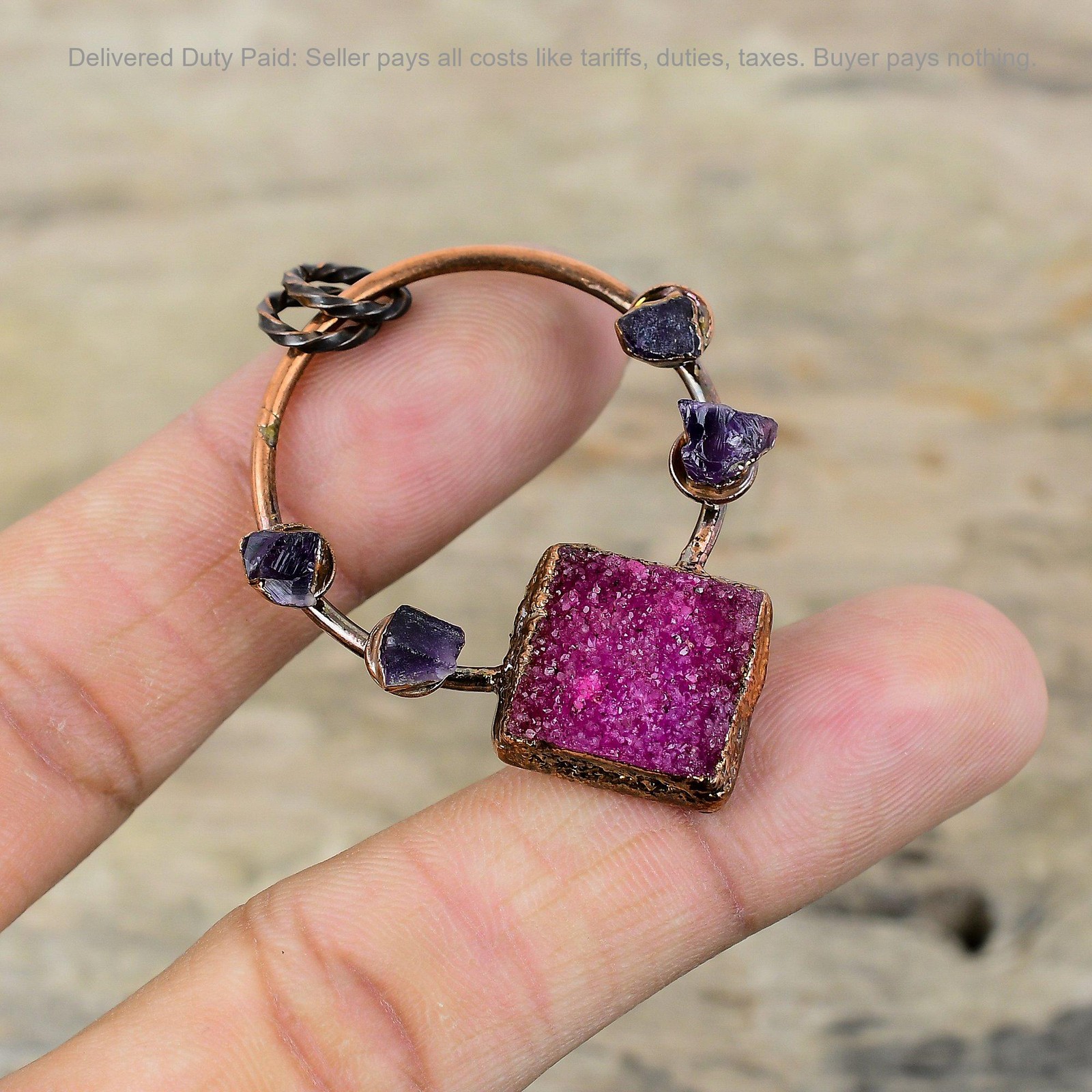 Copper Pink Druzy Stone African Amethyst Rough Bezel Boho Electroformed Pendant