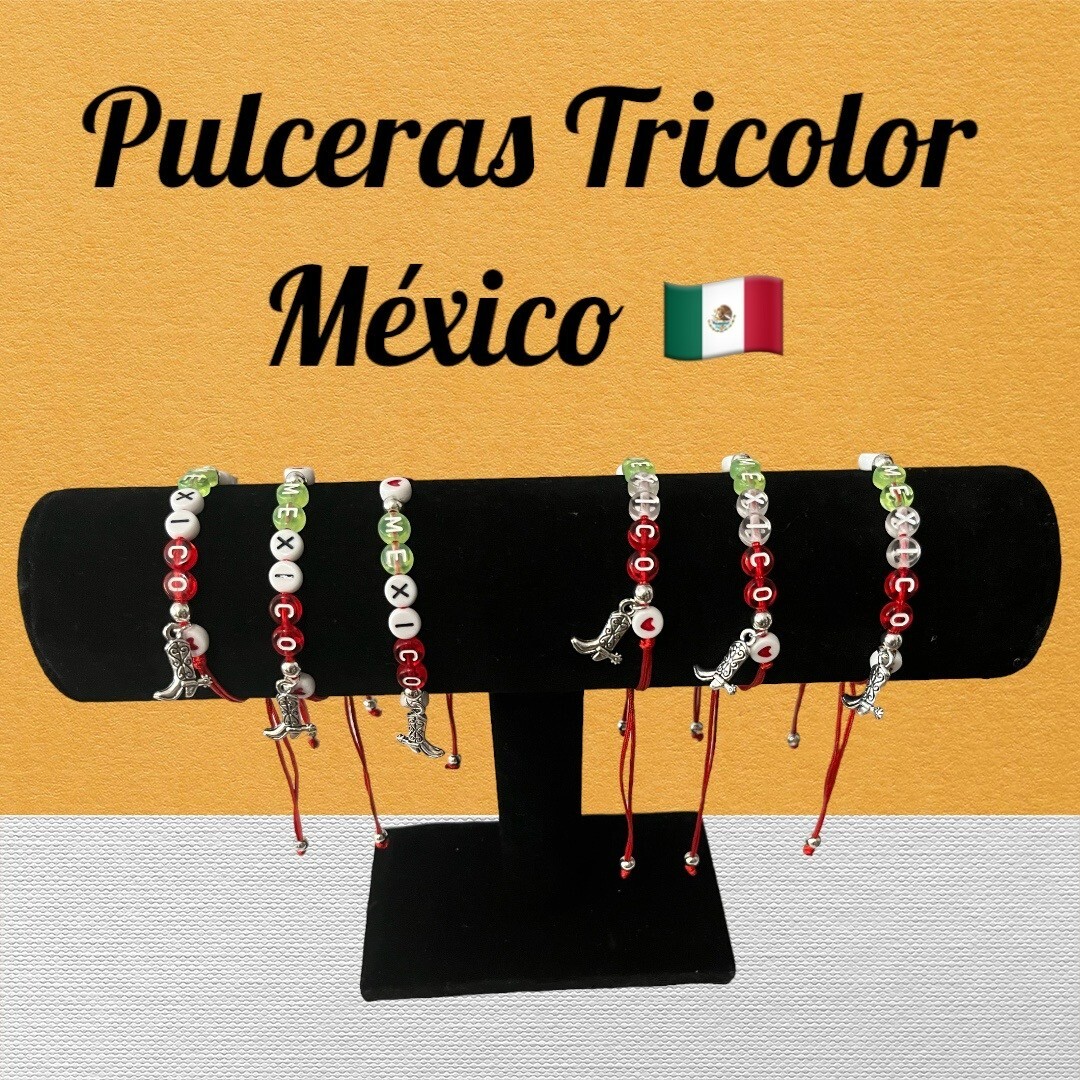 2 Pulseras Tricolor Mexico Hilo Rojo Dije de Acero Inoxidable Cuentas Acrílico