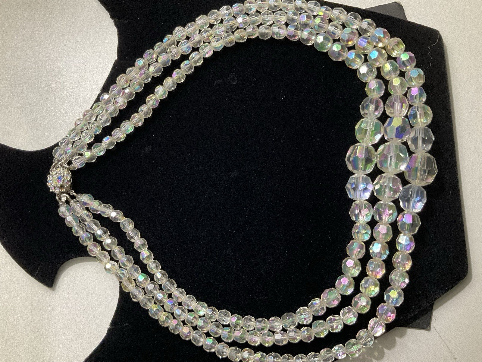 3-Strand Clear Aurora Borealis Crystal Bead Necklace Rhinestone Clasp Silver