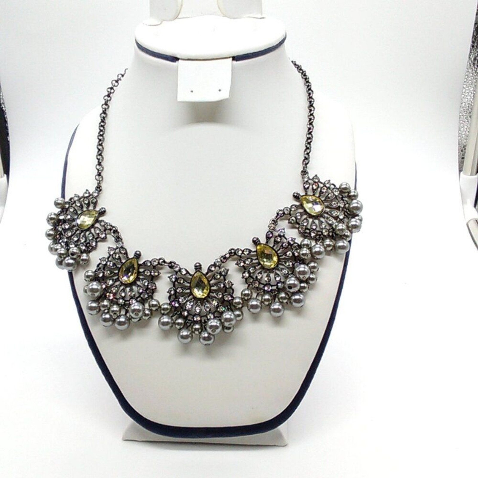 Bib Statement Necklace Yellow Teardrop Crystals, Rhinestones, Gray Faux Pearls