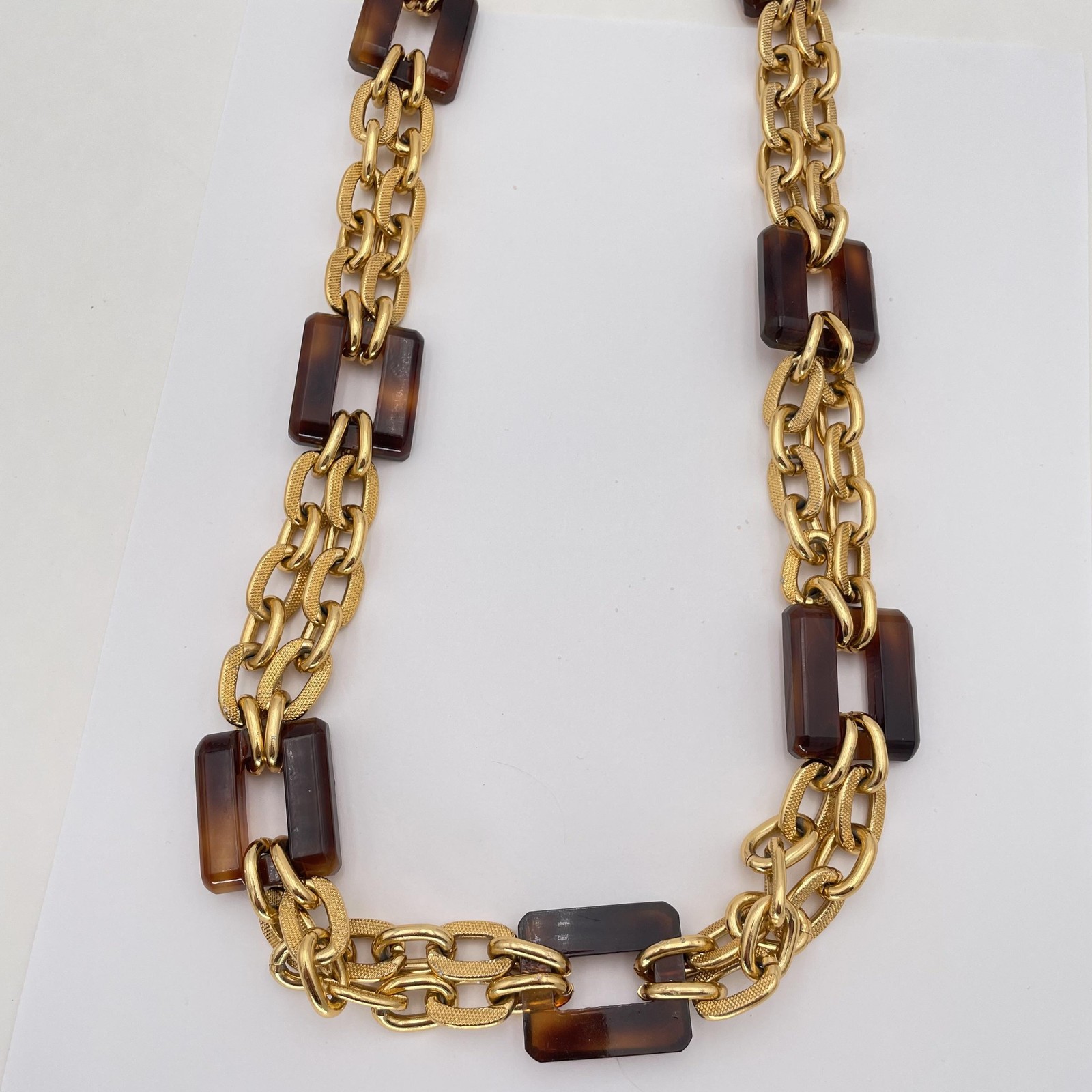 JM Chunky Statement Chain Necklace Gold Tone Tortoise Brown Resin Links 24in