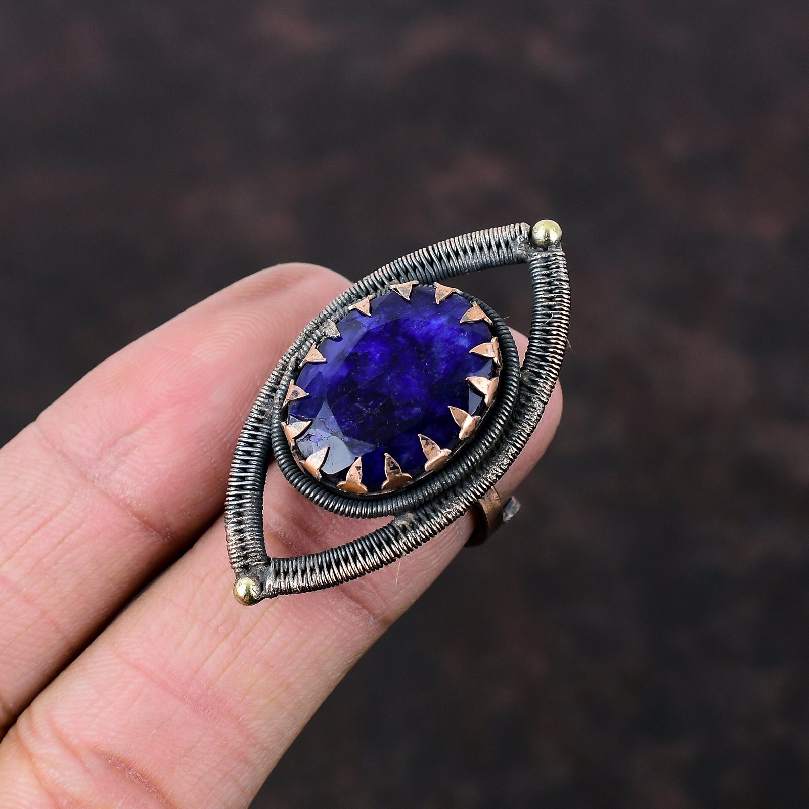 Blue Saphire Copper Mother Gift Wire Wrapped Adjustable Ring Size Adjustable