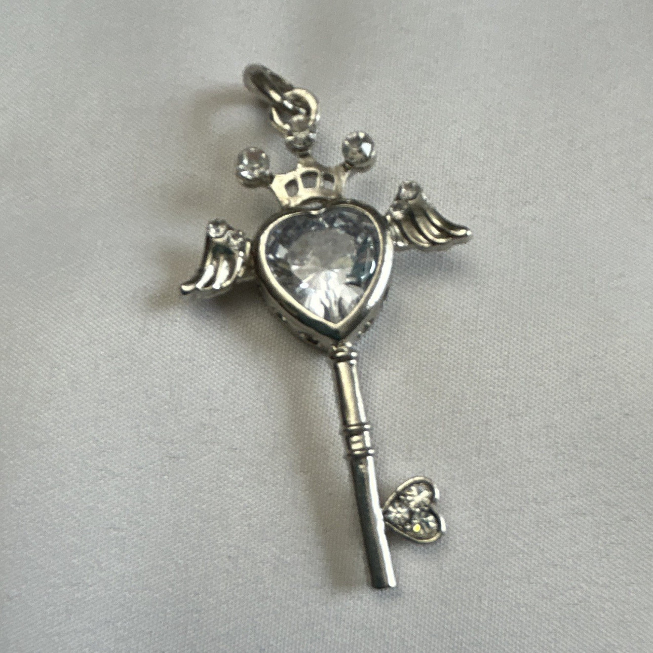 Silver Tone Angel Wing Key Charm Pendant Heart Clear Crystal Stone, Metal