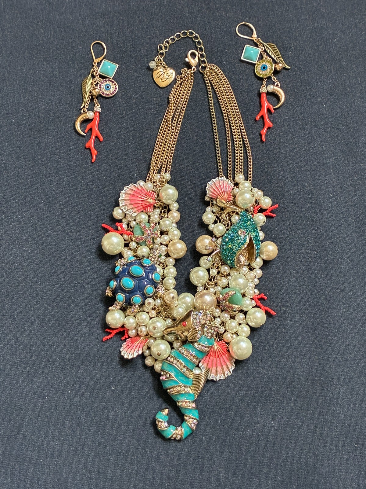 Betsey Johnson Necklace & Earrings Set Nautical Theme Sea Horse Shells BJ103