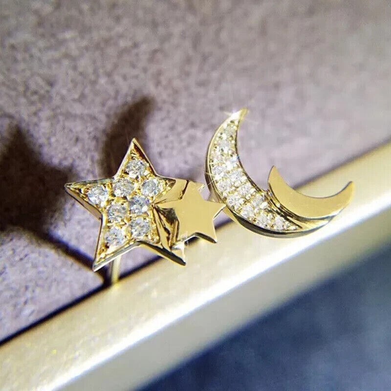 Round Simulated Diamond Women’s Moon Star Stud Earrings 14K Yellow Gold Plated