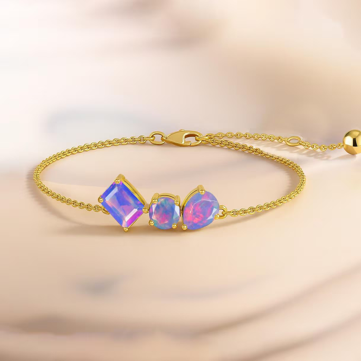Lavender Opal Three Stone Gold Chain Bracelet, 925 Sterling Silver Layering