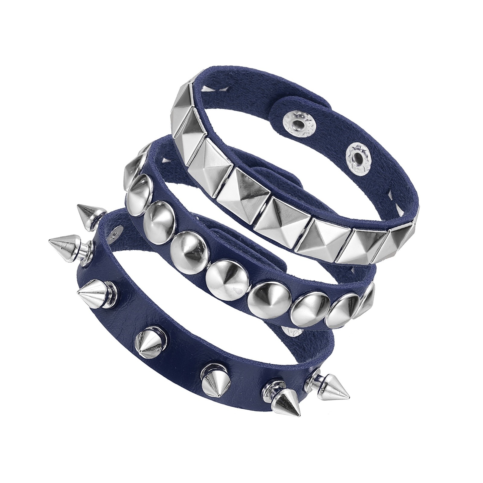3Pcs Punk Studded Bracelet Set 8.7″/22cm Adjustable Bracelets Bright Blue