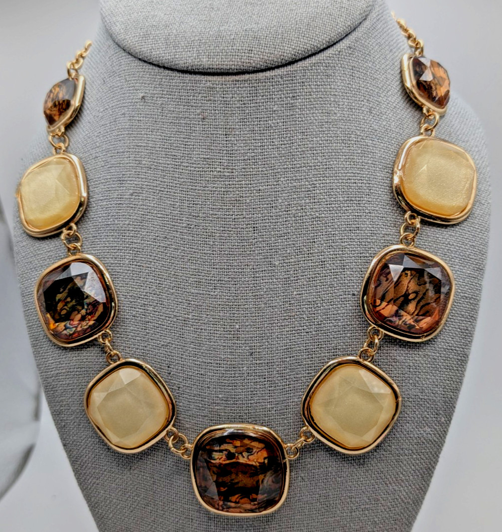 Gold Tone Statement Necklace with Brown & Cream Faceted Square Stones Adjustable