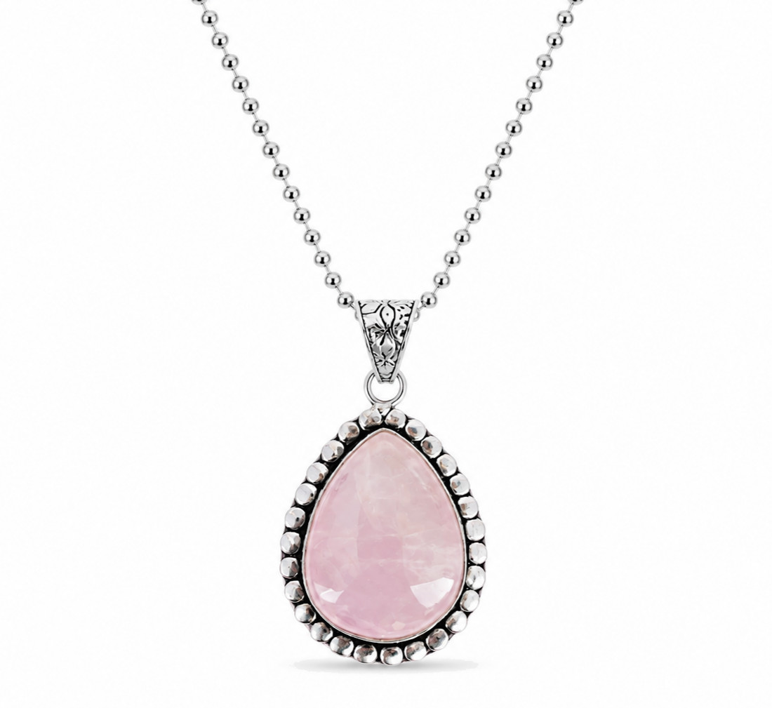 Natural Rose Quartz Necklace Pear Pendant Healing Crystal 24 Inch Chain Gift