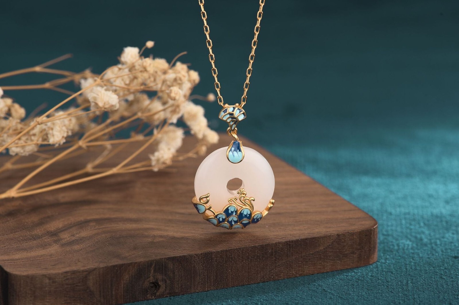 Ivory Jade Pendant Necklace Charm 18K Gold Plated Flower Cloisonne Gemstone