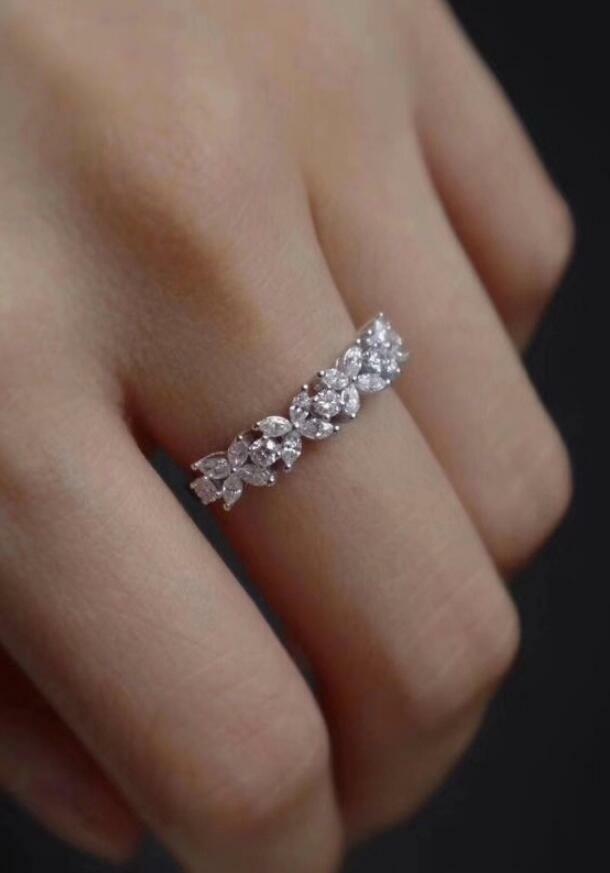Pave Cubic Zirconia Silver SP Flower Lucky Clover Promise Band Ring RS78