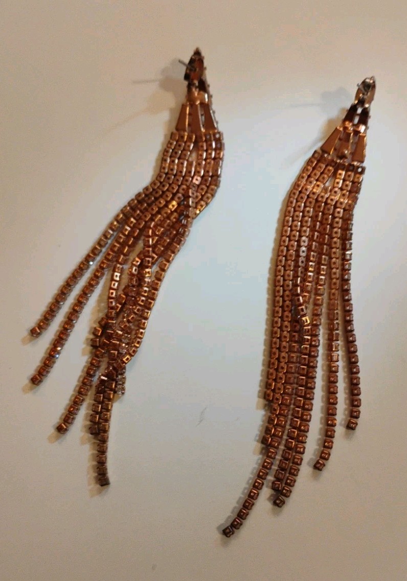 Rose Gold Tone Tassle Gemstone Drop 4″ Earrings 201M