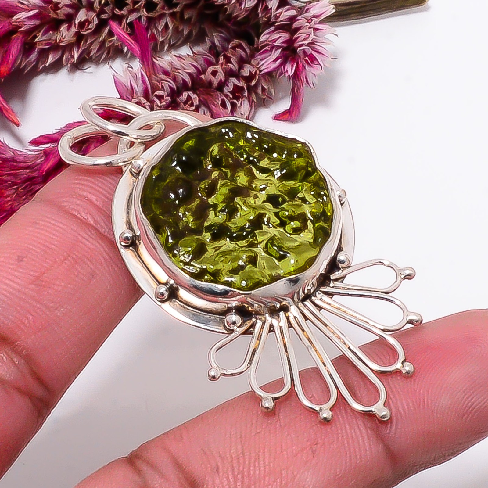 Moldavite Gemstone Designer Handmade 925 Sterling Silver Pendant 2.15″ Sku10