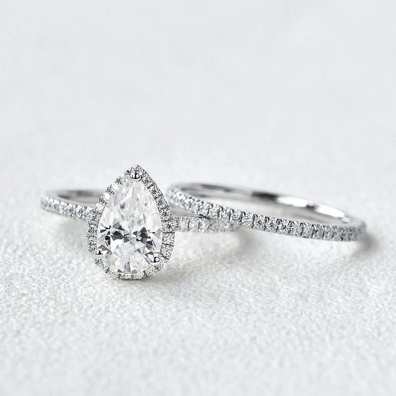Pear Shape Wedding Ring Set Silver Engagement Promise Anniversary Gift