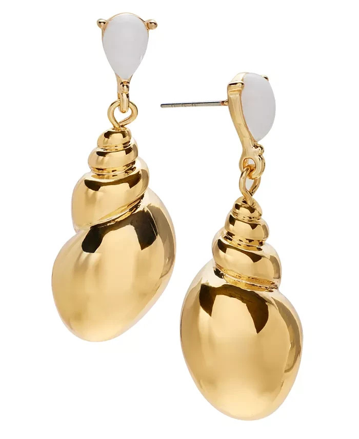 ON 34th Gold Tone Shell & White Stone Drop Earrings, 1.75″, NWT