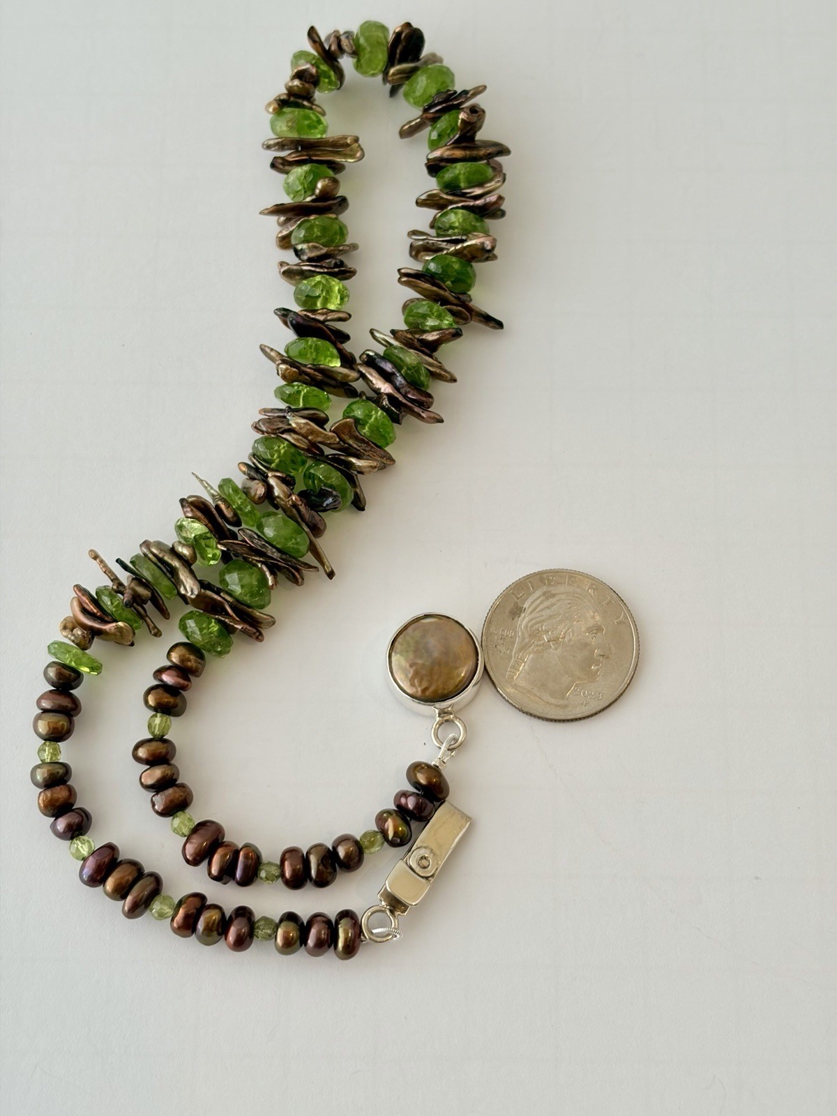 Authentic Faceted Peridot & Brown Pearl branches necklace 17” Pearl Clasp 925
