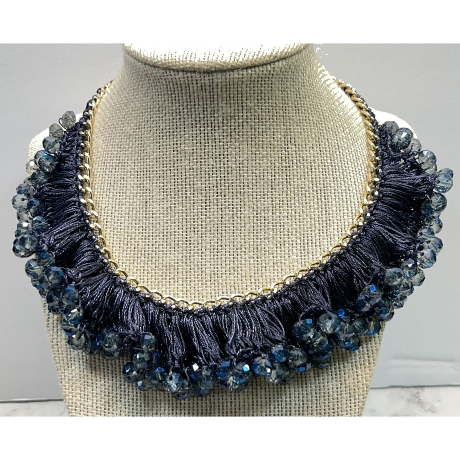 Vintage Blue Beaded Necklace Choker Crochet Bib Silver Tone 14″ Long