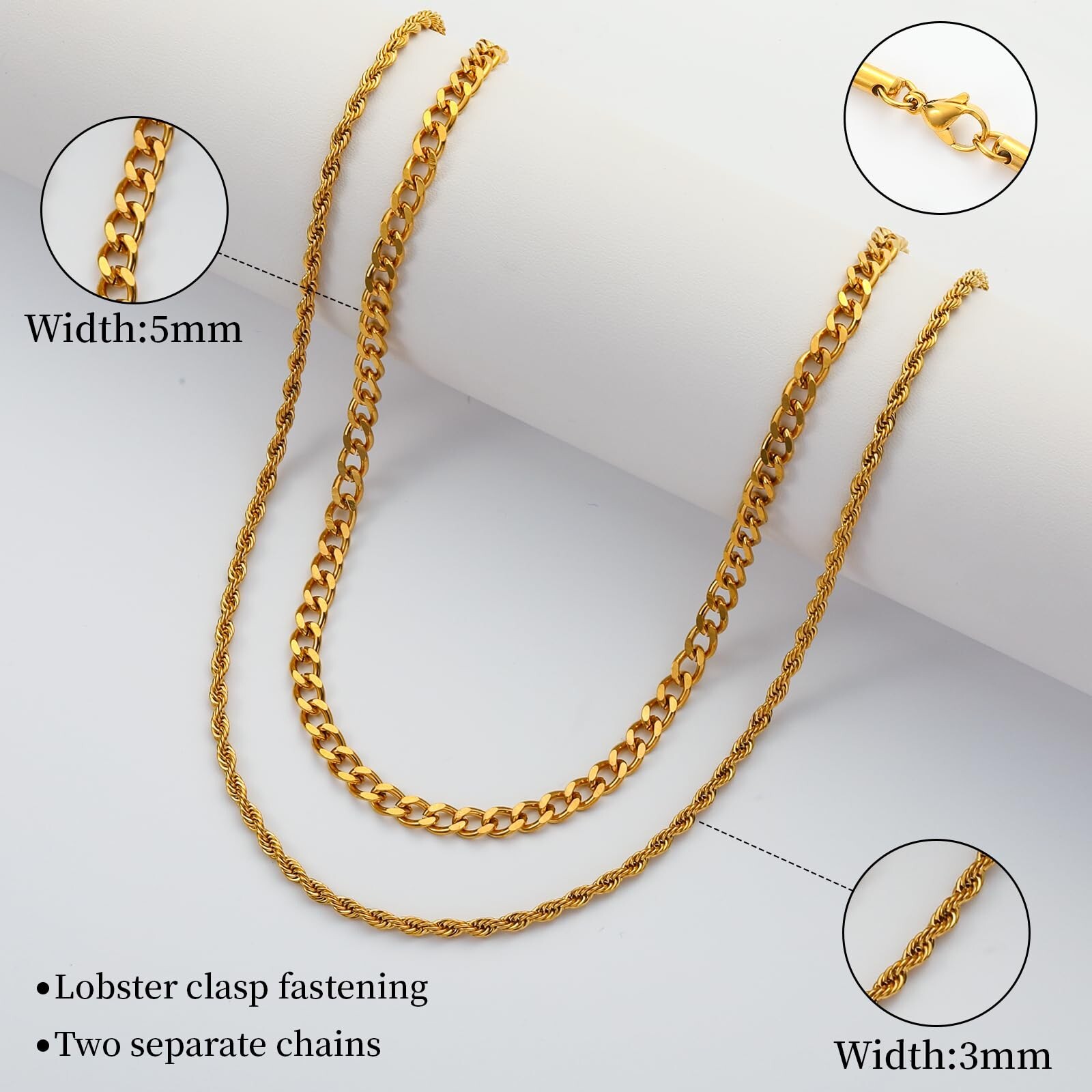 Layered Chain Necklaces for Men Boys, 2Pcs Stainless Steel Cuban Link/Rope/He…